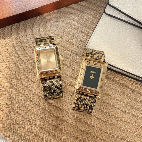 Women Quartz Watch Leopard Print Square Case Fashion Stainless Steel Mesh Strap Waterproof Trendy Wristwatch