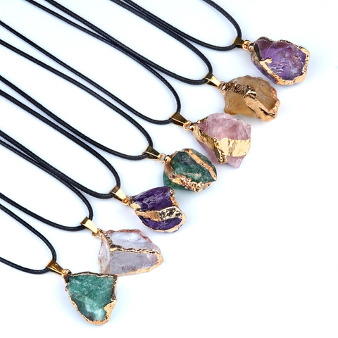 Natural Raw Stone Pendant Necklace Irregular Healing Crystal Amethyst Citrine Gold Silver Plated Edging Black Rope Jewelry