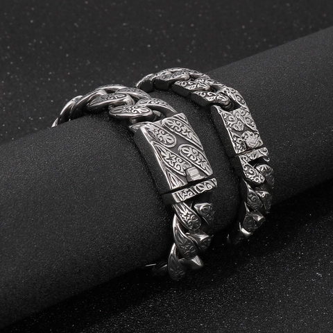 Bracelet Gourmette Gravé Rétro Acier Inoxydable Vintage Gothique Punk Relief Floral Streetwear Pour Hommes