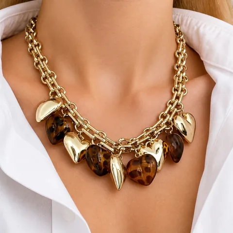 Übertriebene Hip Hop Grobe Gliederkette Mit Herz Anhänger Kupfer Vergoldet Acryl Leopardenmuster Damen Schmuck