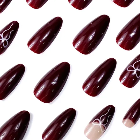 Uñas Postizas Press On Rojo Vino Brillante Forma Almendra Uñas Largas Con Patrones De Lazo Blanco Manicura Elegante