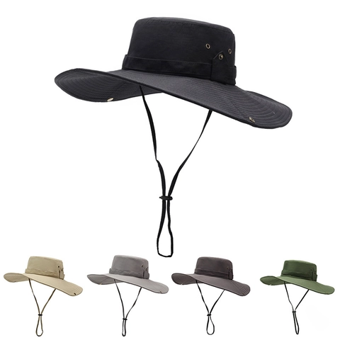Outdoor Wide Brim Sun Hat Polyester Quick Drying Breathable Fishing Boonie Cap With Adjustable Windproof Rope For Hiking Camping