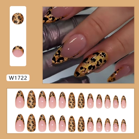 Leopard Print Gold Glitter Press On Nails Amandelvorm Nude Roze ABS Kunststof Kunstnagels Voor Vrouwen