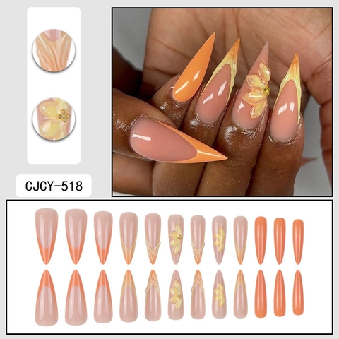 3D Blume Französisch Verlauf Druck Auf Nägel Lange Mandel Stiletto Form Pfirsich Orange Falsche Nägel Für Frauen Profi Look