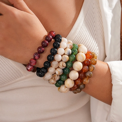 Retro Beaded Bracelet Elastic Acrylic Round Marble Texture Geometric Simple Fashion Jewelry For Women Men Unisex