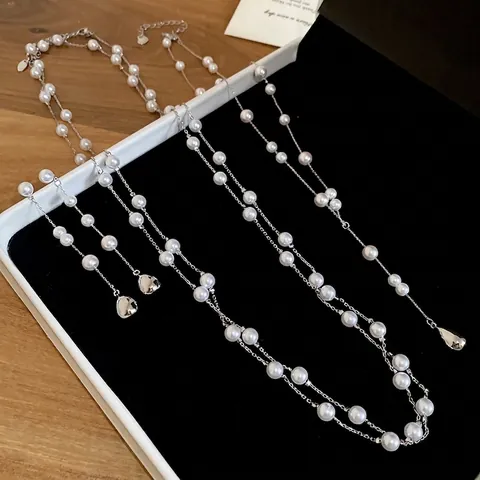 Collar Y Pendientes Vintage Con Perlas Artificiales De Imitación Colgante De Gota De Agua Cadena En Y Poste De Plata Mujeres