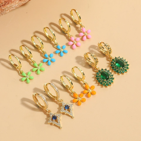 Orecchini Pendenti in Rame Vintage con Fiori in Smalto per Donna Eleganti Placcati in Oro con Zirconi e Stelle Gioielli