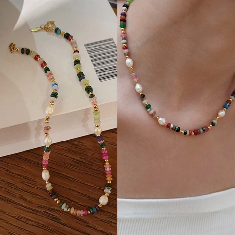 Handmade Beaded Necklace Natural Stone Baroque Freshwater Pearl Titanium Steel Gold Plated Bohemian Vintage Jewelry Women