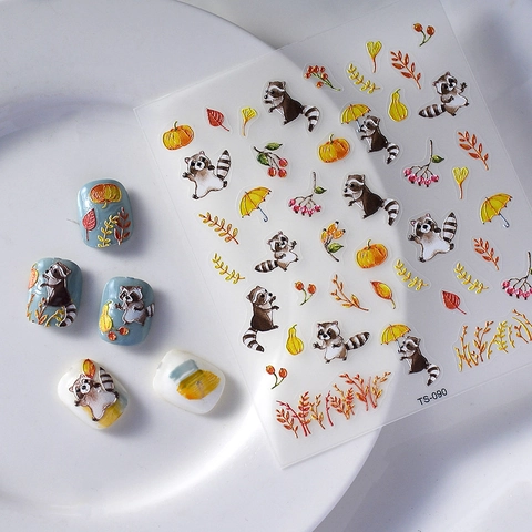 Pegatinas Para Uñas Con Relieve 5D Bosque De Otoño Mapache Calabaza Hoja De Arce Calcomanías Autoadhesivas Decoración
