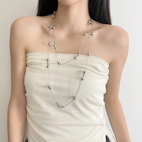 Collier Long Multi-Couches Vintage En Alliage Künstliche Perles D'Imitation Grises Chaîne De Pull Bijou Élégant Minimaliste