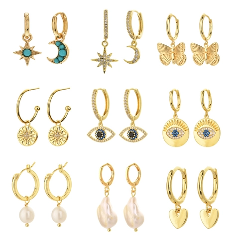 Pendientes de Cobre de Moda Chapado en Oro de 14K Patrones Ojo Turco Corazón Estrella Con Circonia Perlas de Agua Dulce Para Mujer