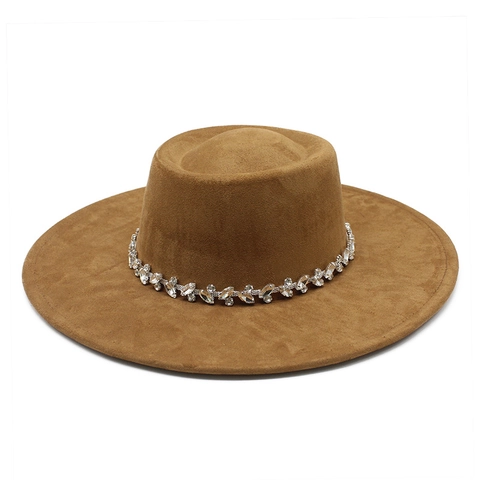 Elegante Hoed Met Brede Rand En Platte Bovenkant Polyester Suède Met Strassband Vintage Hepburn Stijl Damesmode Accessoire