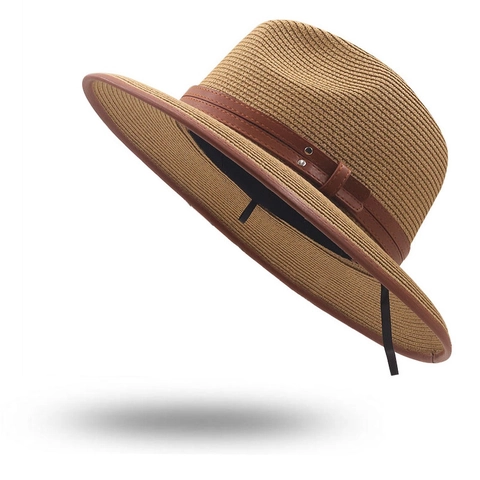 Cappello Fedora Di Paglia Unisex Protezione Solare Estate Spiaggia Traspirante Con Cinturino In Pelle Rivetto Stile Jazz Vintage