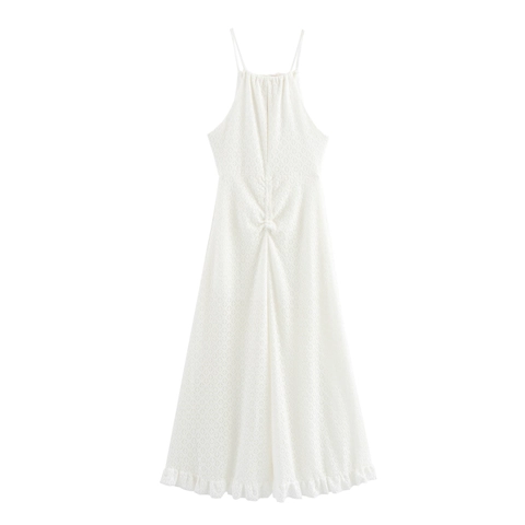 Vestido Maxi Halter Punto Texturizado Espalda Descubierta Vestido Largo Dobladillo Volantes Color Solido Sexy Elegante