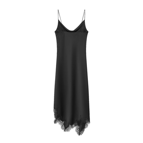 Satin Spitze Maxi Unterkleid Spaghettiträger Tiefer V-Ausschnitt Elegant Schwarz Abendparty Langes Kleid Für Damen