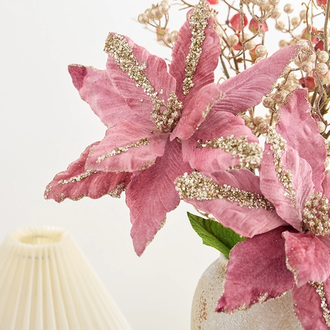 Künstliche Weihnachtsstern Blumen Glitzer Samt Stoff Deko Zweige Für Weihnachtsbaum Party Zuhause Dekoration