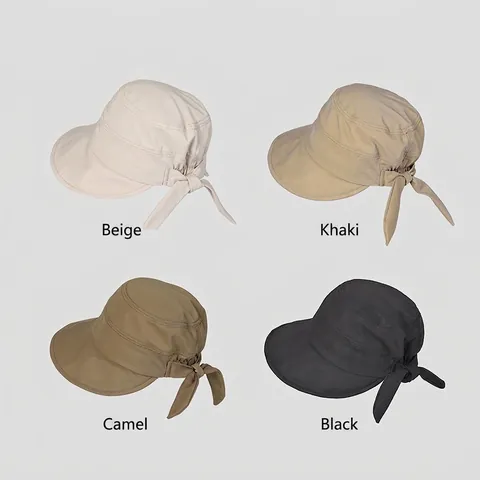 Women Wide Brim Sun Hat Cotton Polyester Breathable UV Protection Back Bow Tie Foldable Outdoor Summer Japanese Style