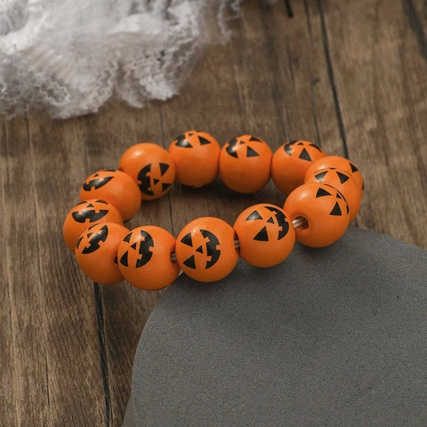 Halloween Wooden Beaded Bracelet Pumpkin Spider Skull Print Elastic Wristband Party Accessories For Men Women