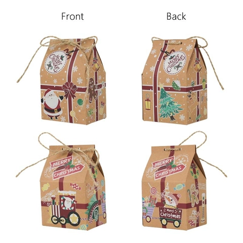 Boîtes À Bonbons De Noël En Forme De Maison Papier Kraft Emballage Cadeau Motifs Père Noël Train Avec Corde De Chanvre