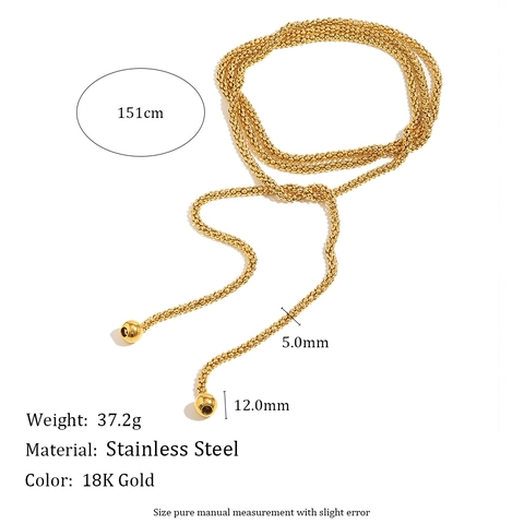 Minimalist Stainless Steel 18K Gold Plated Long Lariat Necklace Woven Popcorn Chain With Spherical Ball Pendants Luxury Versatile Jewelry For Women