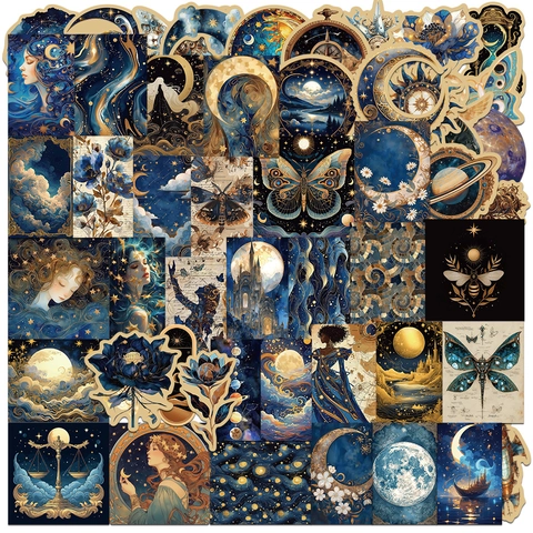Adesivi Impermeabili In PVC Universo Galassia Steampunk Vintage Oro Blu Per Diario Fai Da Te Scrapbooking Decorazione Cover Cellulare