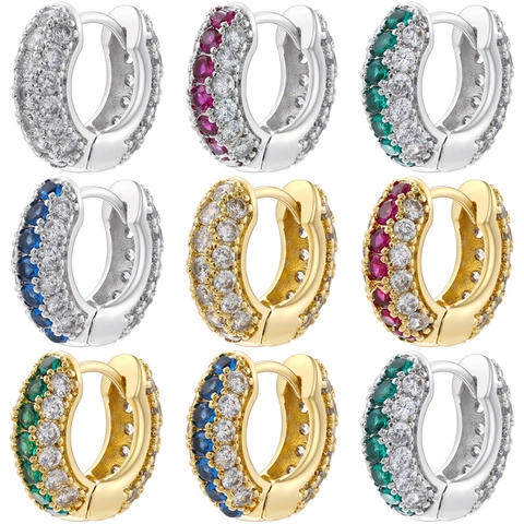 Luxury 18K Gold Plated Copper Hoop Earrings With Colorful Cubic Zirconia Multi Row Micro Pave For Women Trendy