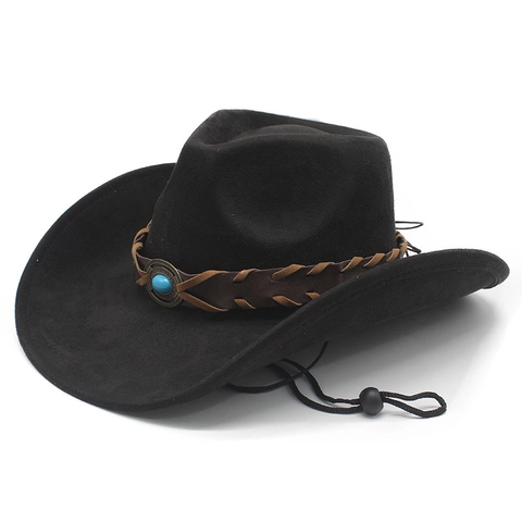 Cappello Da Cowboy Western Scamosciato Tesa Larga Perla Turchese Fascia Intrecciata Cordino Regolabile Vintage Etnico