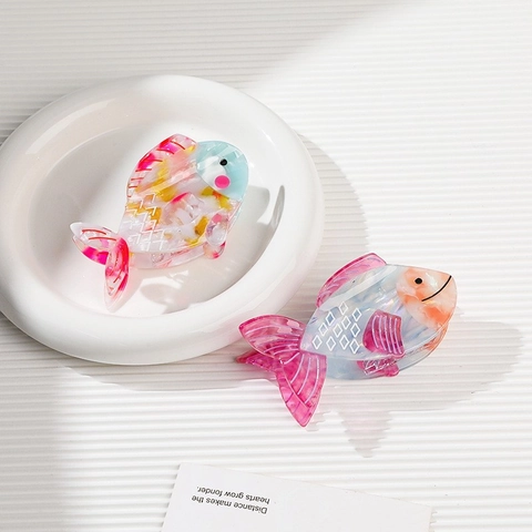 Pince À Cheveux Poisson Rouge Acétate Forme Poisson Tropical Coloré Pour Femmes Motif Marbre Dégradé Élégant