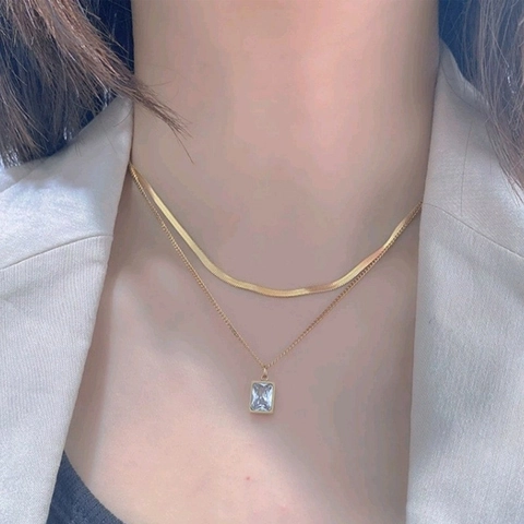 Layered Gold Plated Stainless Steel Necklace For Women Vintage French Square Cubic Zirconia Pendant Double Chain