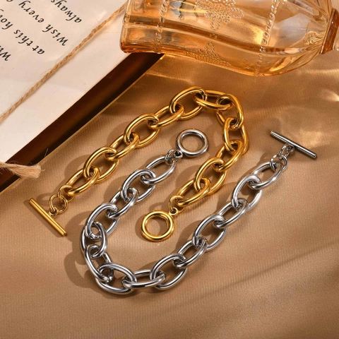 Pulsera de Cadena Gruesa con Cierre OT de Acero Inoxidable Minimalista para Mujer Joyas de Moda Chapadas en Oro y Plata