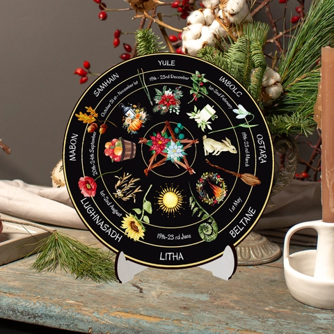 Wooden Wheel Of The Year Wiccan Pagan Calendar Plaque Round Desk Ornament With Stand For Home Altar Mystical Decor Gift