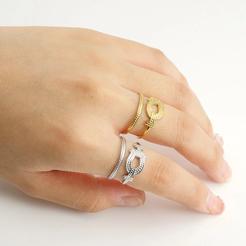 Horsebit Belt Buckle Open Ring 18K Gold Plated Stainless Steel Double Layer Dotted Texture Minimalist Jewelry For Women