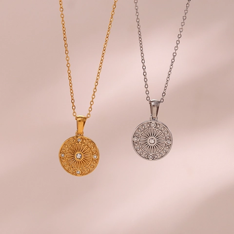 Vintage Edelstahl Sonnenstrahl Kompass Anhänger Halskette Für Damen Gold Überzogen Strass Rund Medaillon Pullover Kette Mode Schmuck