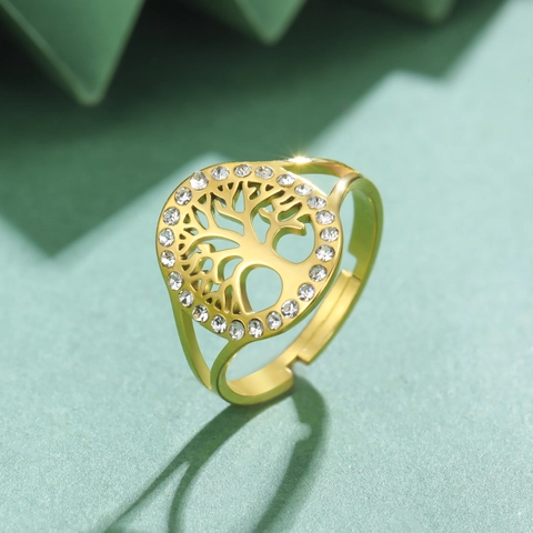 Levensboom Open Ring Roestvrij Staal Rhinestone Verstelbaar Hol Licht Luxe Minimalistische Sieraden Voor Dames