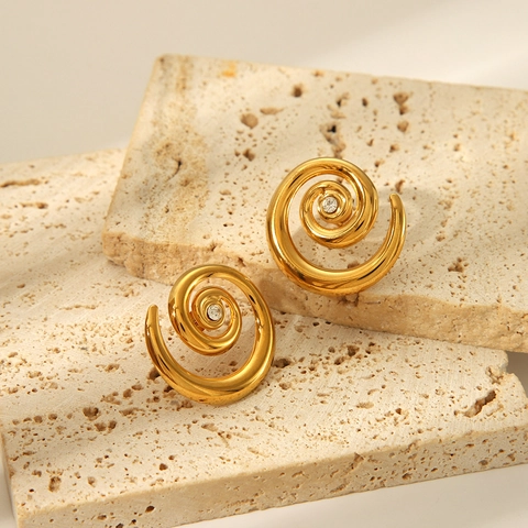 Orecchini a Bottone a Spirale di Conchiglia in Acciaio Inossidabile 304 Placcati Oro 18K con Zircone per Donna
