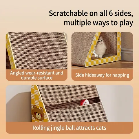 Vertical Triangle Cat Scratcher Board Corrugated Paper Stable Multi Functional Nest House Furniture Protector With Bell Ball