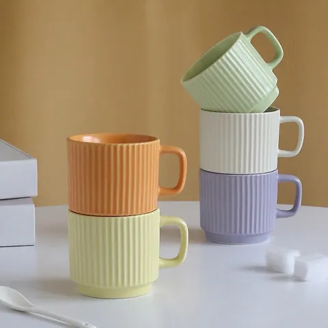Ribbed Striped Ceramic Mug Macaron Color Minimalist Coffee Tea Cup Stackable Design Porcelain Drinkware Kitchen Office