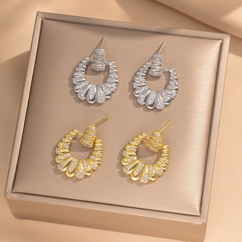 Pendientes De Botón En Forma De Abanico Estilo Francés Cobre Pavé Circón Patrón De Concha Minimalista Elegante Joyas Mujeres