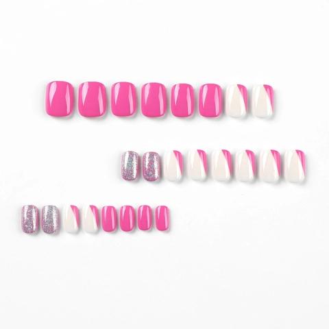 Unghie Finte Corte Quadrate A Pressione Contrasto Viola Bianco Glitter Argento Punte Per Unghie Artificiali Per Donne Manicure Chic