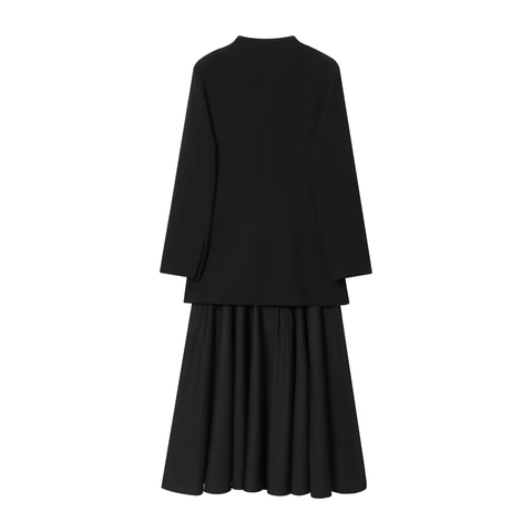 Women Elegant Blazer Maxi Dress Pleated Patchwork High Waist Long Sleeve Business Office Solid Polyester