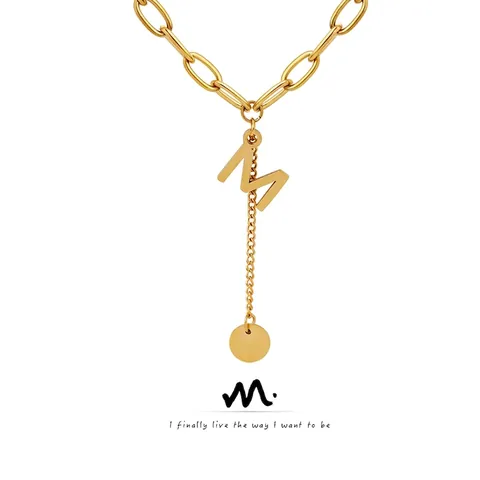 Stainless Steel Gold Plated Letter M Initial Pendant Necklace For Women Chunky Chain Dangle Round Disc Charm Fashion Jewelry