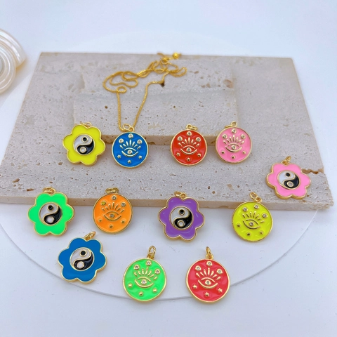 Gold Plated Copper Enamel Pendant Necklace With Tai Chi Flower Yin Yang And Evil Eye Design Fashion Jewelry For Women
