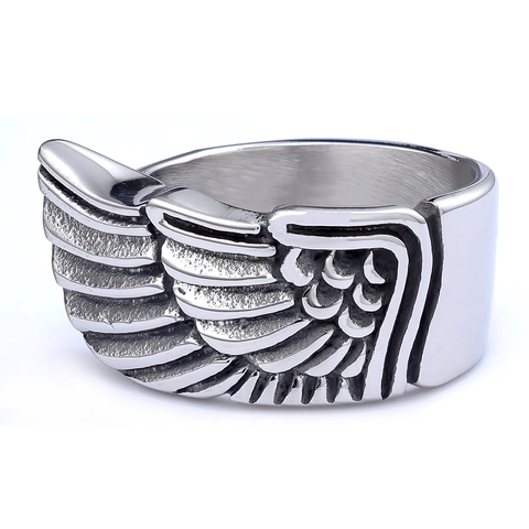 Vintage Feather Wing Ring Stainless Steel Punk Biker Gothic Jewelry For Men Unisex Retro Antique Silver Finish