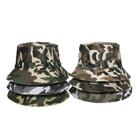 Polyester Camouflage Fischerhut Mit Verstellbarem Kordelzug Outdoor Angeln Wandern Sonnenschutz Unisex