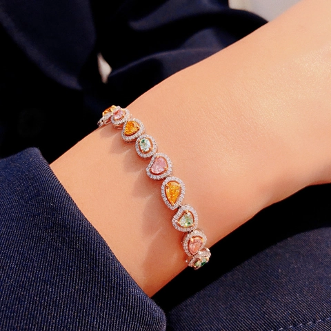 Colorful Gemstone Bracelet With Heart And Pear Shaped Multi Color Zirconia Micro Paved Copper Luxury Jewelry For Women