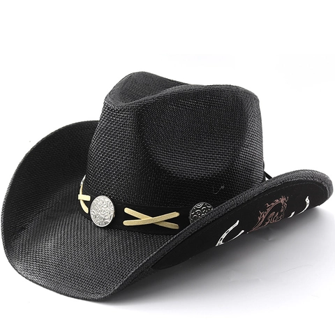 Chapeau De Cowboy Occidental En Paille Tissé Large Bord Incurvé Protection Solaire Style Jazz Ethnique Pour Hommes Et Femmes