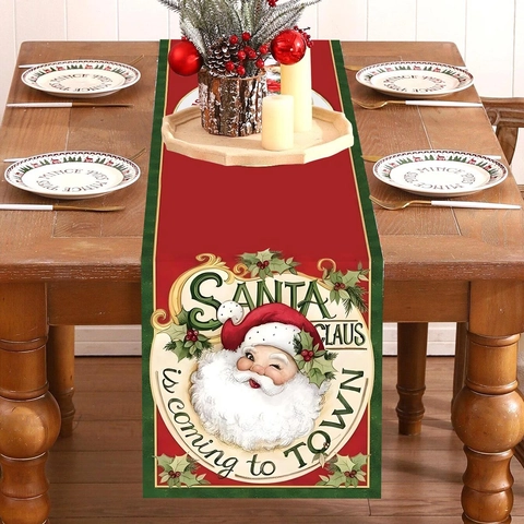 Christmas Table Runner Polyester Vintage Santa Claus Pattern Red Green Holiday Dining Table Decoration