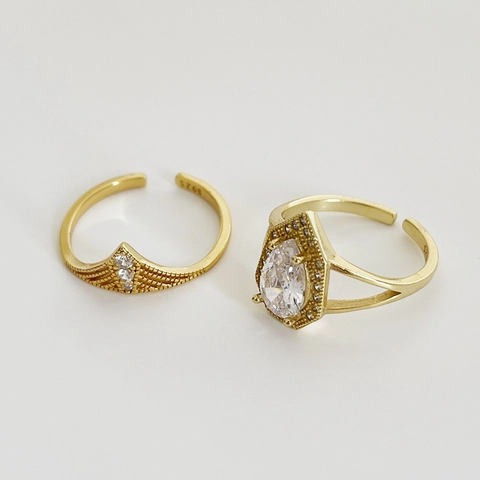 925 Sterling Silver Adjustable Ring Pear Waterdrop Zircon V Shaped Crown Gold Plated Minimalist Retro Jewelry For Women