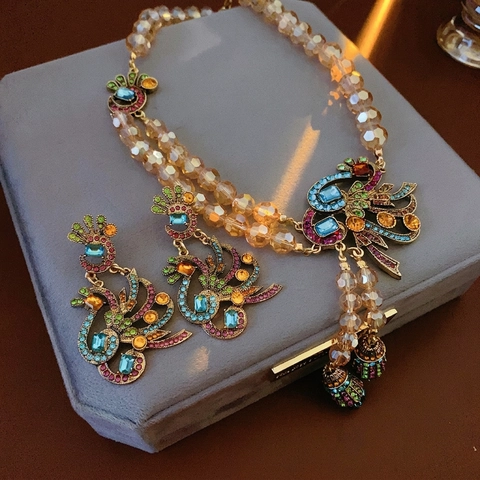 Collana E Orecchini Pavone Con Strass Perle Di Vetro Perno In Argento Vintage Gioielli Boho Per Donne