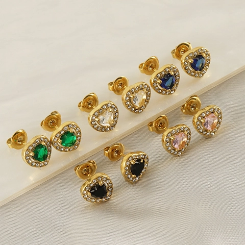 Orecchini A Lobo Cuore Oro 18K Placcato Acciaio Inossidabile Zircone Colorato Gioielli Moda Eleganti Per Donna